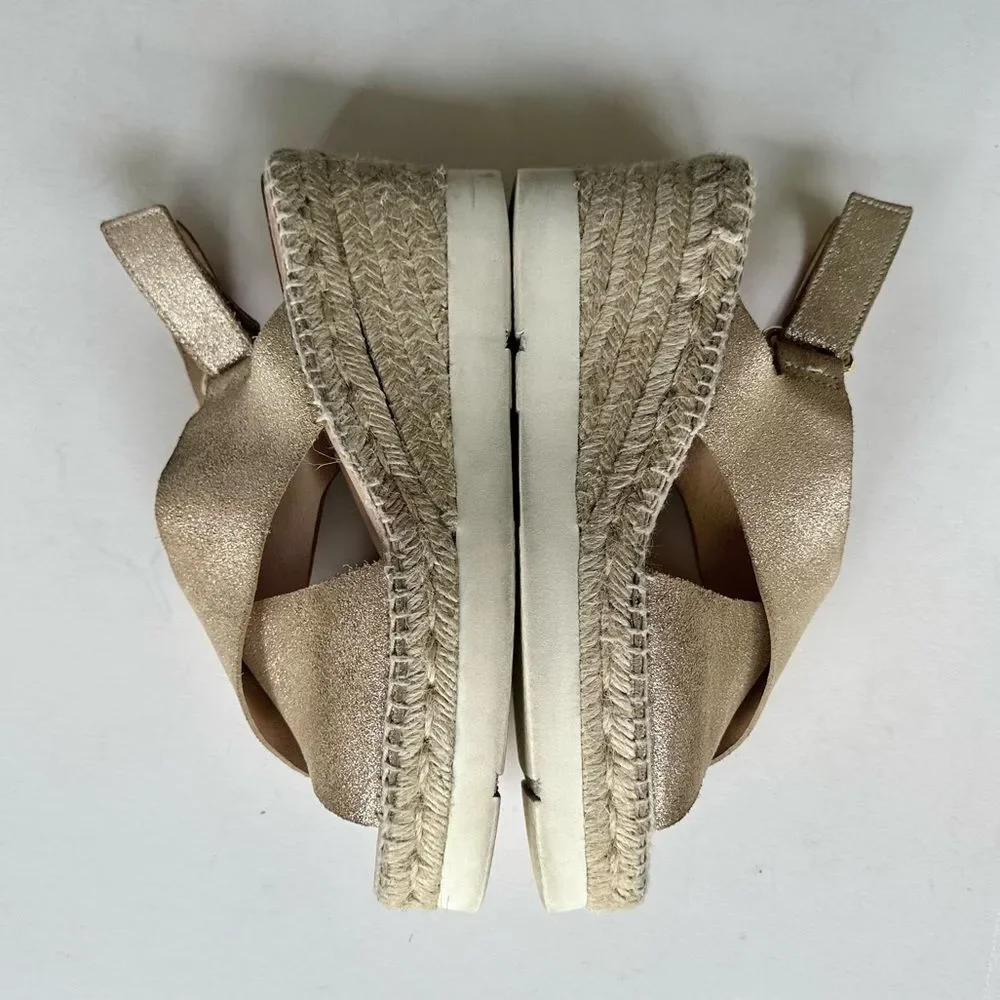 Kanna Gold Metallic Nubuck Suede Crossover Platform Wedge Espadrille Sandal 8